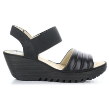 Load image into Gallery viewer, Black Fly London Women&#39;s Yiko414Fly Leather And Elastic Triple Strap Slingback Wedge Sandal Side View
