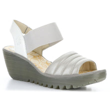 Load image into Gallery viewer, Silver And Grey And White Fly London Women&#39;s Yiko414Fly Leather And Elastic Triple Strap Slingback Wedge Sandal Profile View
