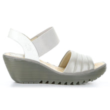 Load image into Gallery viewer, Silver And Grey And White Fly London Women&#39;s Yiko414Fly Leather And Elastic Triple Strap Slingback Wedge Sandal Side View
