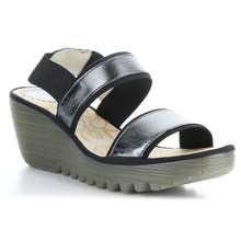Load image into Gallery viewer, Black With Grey Sole Fly London Women&#39;s Yaco416Fly Metallic Leather And Elastic Tripe Strap Slingback Sandal Wedge Profile View
