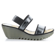 Load image into Gallery viewer, Black With Grey Sole Fly London Women&#39;s Yaco416Fly Metallic Leather And Elastic Tripe Strap Slingback Sandal Wedge Side View
