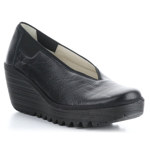 Black Fly London Women's Yoza438Fly Leather Slip On Wedge Shoe Profile View