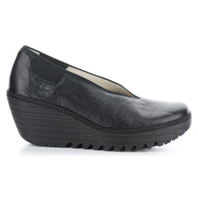 Load image into Gallery viewer, Black Fly London Women&#39;s Yoza438Fly Leather Slip On Wedge Shoe Side View
