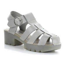 Load image into Gallery viewer, Cloud Grey Off White Fly London Women&#39;s Emme511Fly Leather Strappy Block Heel Sandal Profile View
