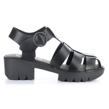 Load image into Gallery viewer, Black Fly London Women&#39;s Emme511Fly Leather Strappy Block Heel Sandal Side View
