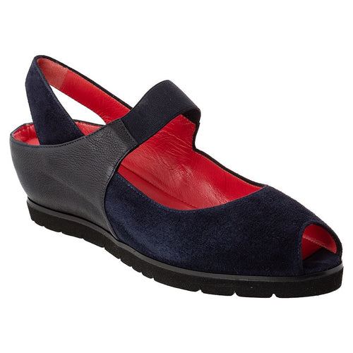 Ink Navy With Black Pas De Rouge Women's Silva Suede And Leather Peep Toe Slingback Mary Jane Wedge Sandal