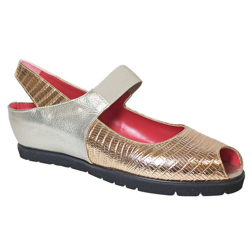  Metallic Gold Lizard And Silver Metallic with Black Sole Pas De Rouge Women's Silvia P928 Leather Peep Toe Mary Jane Wedge