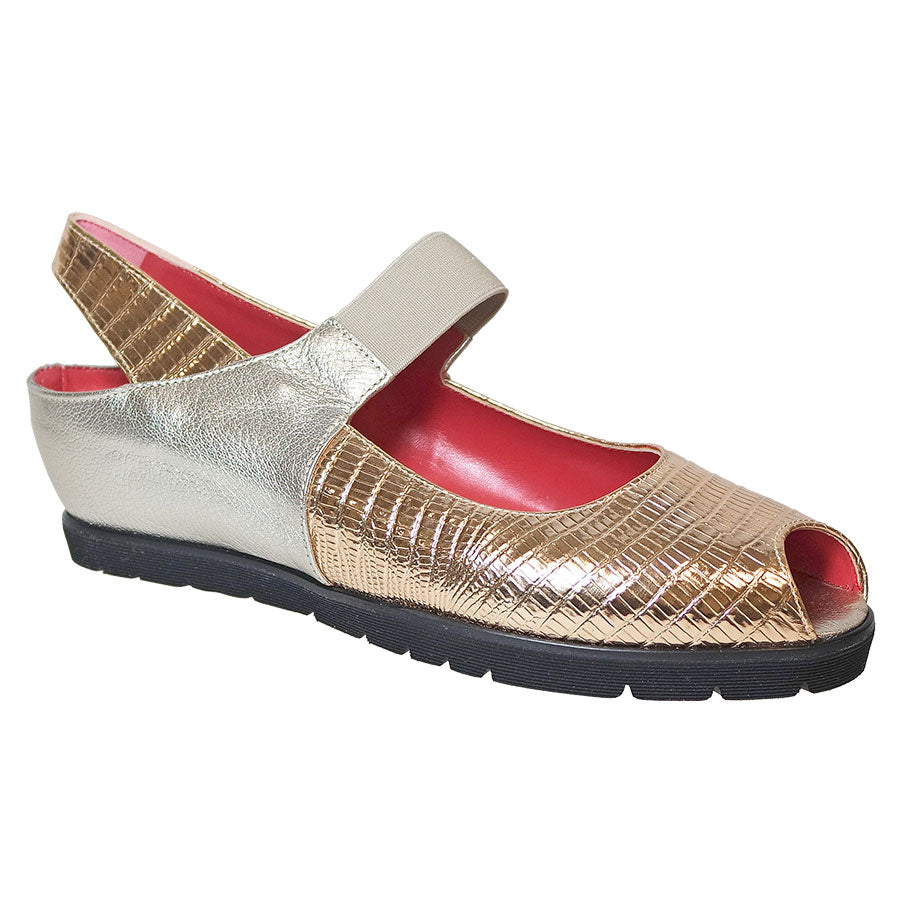  Metallic Gold Lizard And Silver Metallic with Black Sole Pas De Rouge Women's Silvia P928 Leather Peep Toe Mary Jane Wedge