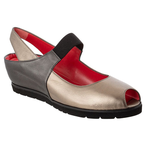 Brown And Bronze With Black Sole Pas De Rouge Women's Silva Metallic Leather Peep Toe Slingback Mary Jane Wedge Sandal