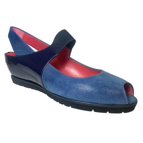 Blue And Navy Pas De Rouge Women's Silvia P928 Patent And Printed Leather Peep Toe Slingback Mary Jane Wedge