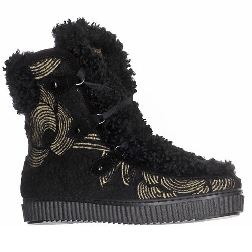 Black With Arcing Gold Embroidery Pajar Women's Mod Boot Waterproof Fleece With Vegan Faux Fur Trim Wool Lined Ankle Boot Profile View