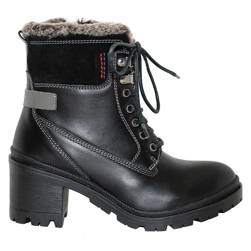 Black Eric Michael Women's Phyllis Leather Block Heel Mid Height Combat Style Boot With Grey Lining And Collar