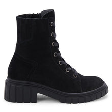 Load image into Gallery viewer, Black Blondo Women&#39;s Promise Waterproof Suede Combat Style Boot Side View
