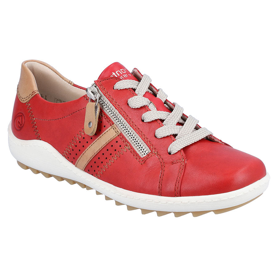 Flamme Red And Tan With White Remonte Women's R1432 Leather Casual Sneaker Profile View