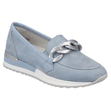 Load image into Gallery viewer, Sky Blue With White And Grey Sole Remonte Women&#39;s R2544 Suede Casual Loafer With Link Ornament Profile View
