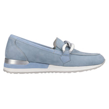 Load image into Gallery viewer, Sky Blue With White And Grey Sole Remonte Women&#39;s R2544 Suede Casual Loafer With Link Ornament Side View
