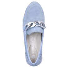 Load image into Gallery viewer, Sky Blue With White And Grey Sole Remonte Women&#39;s R2544 Suede Casual Loafer With Link Ornament Top View
