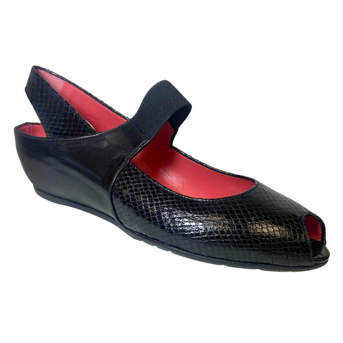 Black Pas De Rouge Women's Silvia R918 Leather And Lizard Leather Peep Toe Mary Jane Wedge