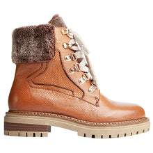 Load image into Gallery viewer, Cognac Tan With Beige Laces And Beige And Tan Sole Regarde Le Ciel Women&#39;s Rafal 02 Leather Combat Boot With Brown Faux Fur Collar Side View
