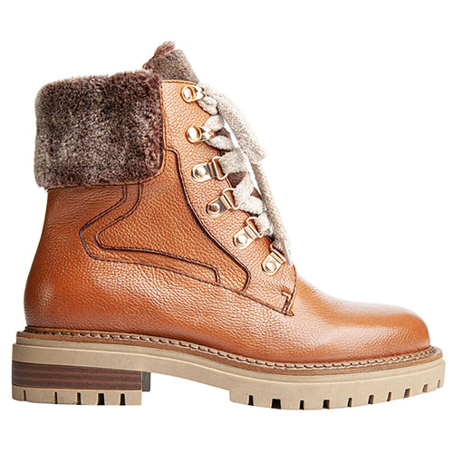 Cognac Tan With Beige Laces And Beige And Tan Sole Regarde Le Ciel Women's Rafal 02 Leather Combat Boot With Brown Faux Fur Collar Side View