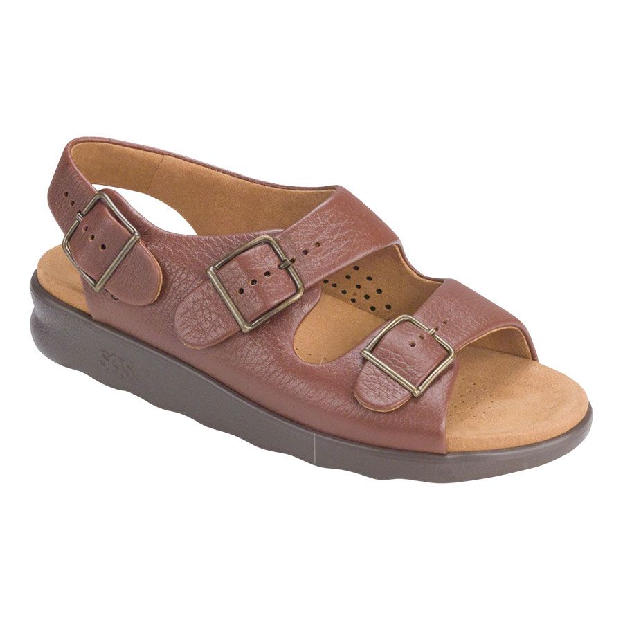 Amber Light Brown With Grey Sole SAS Women's Relaxed Leather Triple Strap Sandal Profile View