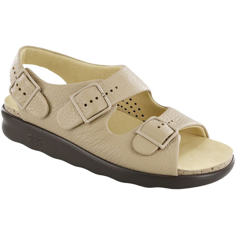 Natural Beige With Black Sole SAS Women's Relaxed Leather Triple Strap Sandal Profile View