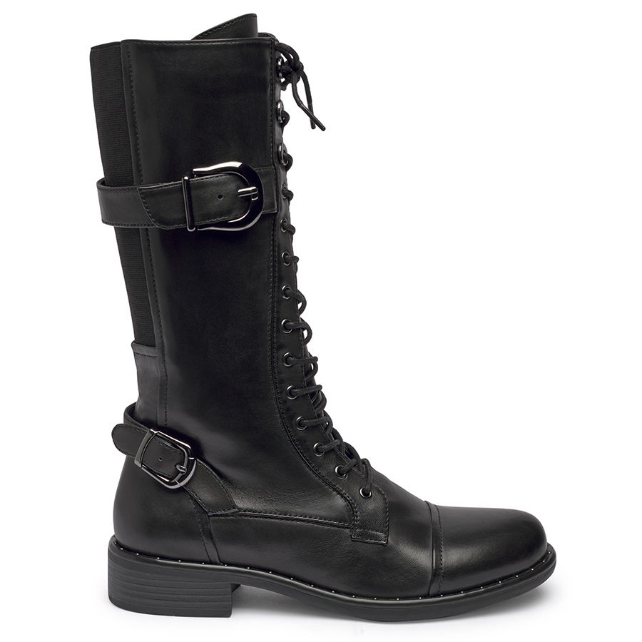 Black Regarde Le Ciel Women's Roxana Leather And Elastic Knee High Cap Toe Combat Boot