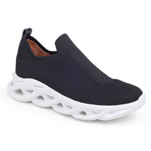 Load image into Gallery viewer, Black With White Sole With Cut Outs Yes Women&#39;s Sallie Knit Slip On Sneaker Profile View
