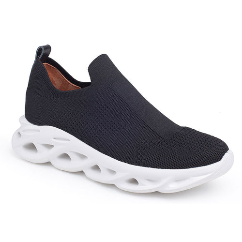 Black With White Sole With Cut Outs Yes Women's Sallie Knit Slip On Sneaker Profile View