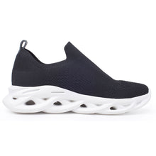 Load image into Gallery viewer, Black With White Sole With Cut Outs Yes Women&#39;s Sallie Knit Slip On Sneaker Side View
