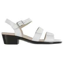 Load image into Gallery viewer, White With Black Sole SAS Women&#39;s Savanna Lizard Print Leather Block Heel Quarter Strap Sandal Side View
