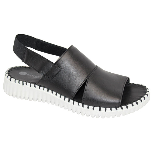 Black With White Sole Eric Michael Women's Sola Leather And Elastic Triple Strap Sandal