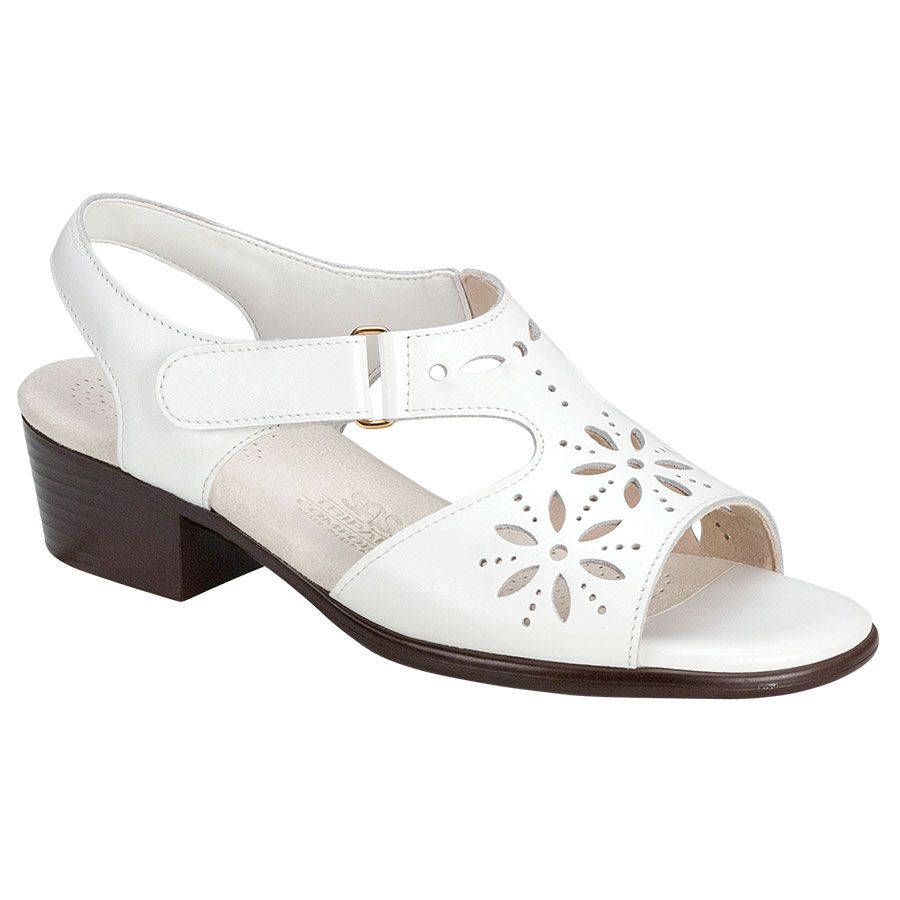 White With Brown Sole SAS Women's Sunburst Leather With Floral Cut Outs Block Heel Dress Sandal