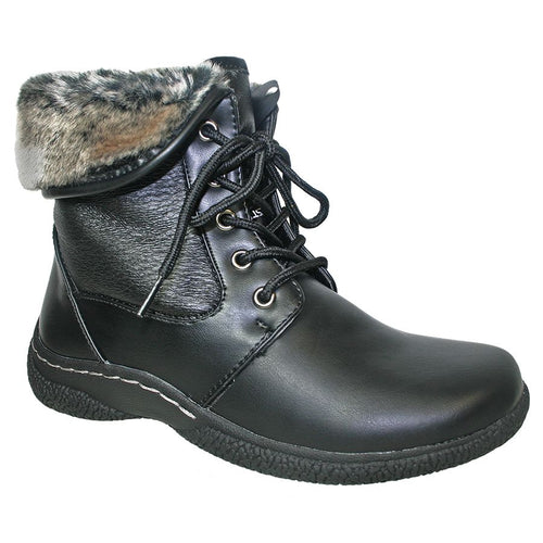 Black Wanderlust Women's Danette 2 Waterproof Vegan Leather With Foldable Furry Cuff Ankle Lace Up Boot