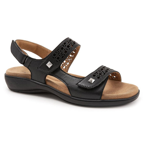 Black Trotters Women's Romi Leather With Cube Cut Outs Triple Strap Sandal Flat