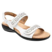 Load image into Gallery viewer, White With Black Sole Trotters Women&#39;s Romi Perforated Patterned Leather Triple Strap Sandal Profile View
