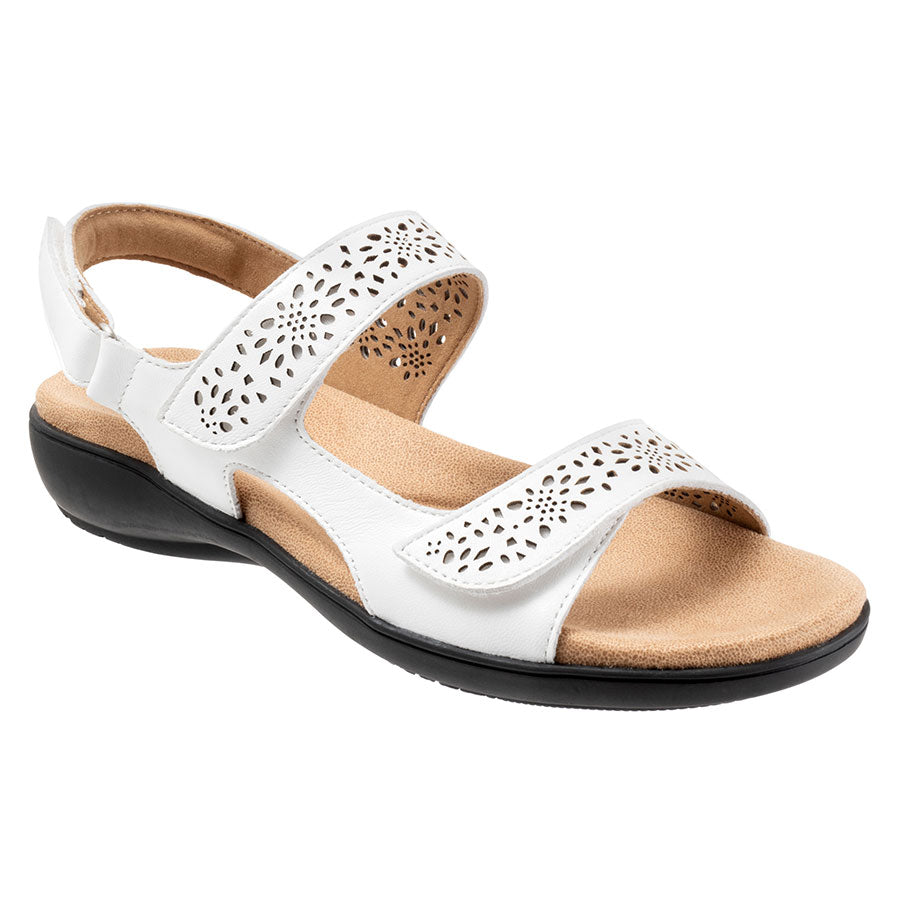 White With Black Sole Trotters Women's Romi Perforated Patterned Leather Triple Strap Sandal Profile View