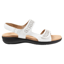 Load image into Gallery viewer, White With Black Sole Trotters Women&#39;s Romi Perforated Patterned Leather Triple Strap Sandal Side View
