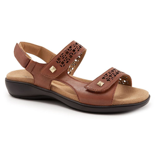 Luggage Brown With Black Sole Trotters Women's Romi Leather With Cube Cut Outs Triple Strap Sandal Flat
