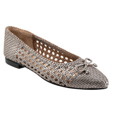 Load image into Gallery viewer, Pewter Brownish Grey With Black Sole Trotters Women&#39;s Edith Open Weave Metallic Leather Ballet Flat With Knot Ornament Profile View
