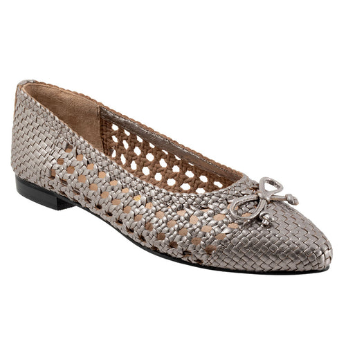 Pewter Brownish Grey With Black Sole Trotters Women's Edith Open Weave Metallic Leather Ballet Flat With Knot Ornament Profile View