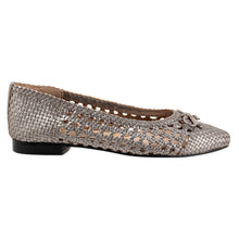 Load image into Gallery viewer, Pewter Brownish Grey With Black Sole Trotters Women&#39;s Edith Open Weave Metallic Leather Ballet Flat With Knot Ornament Side View
