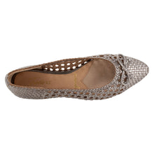 Load image into Gallery viewer, Pewter Brownish Grey With Black Sole Trotters Women&#39;s Edith Open Weave Metallic Leather Ballet Flat With Knot Ornament Top View
