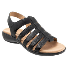 Load image into Gallery viewer, Black Trotters Women&#39;s Tiki Laser Etched Design Synthetic Strappy Sandal Profile View
