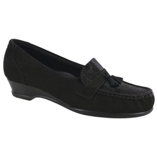 Load image into Gallery viewer, Onyx Black SAS Women&#39;s Taylor Nubuck And Textured Nubuck Low Heel Dress Loafer With Tassels Profile View
