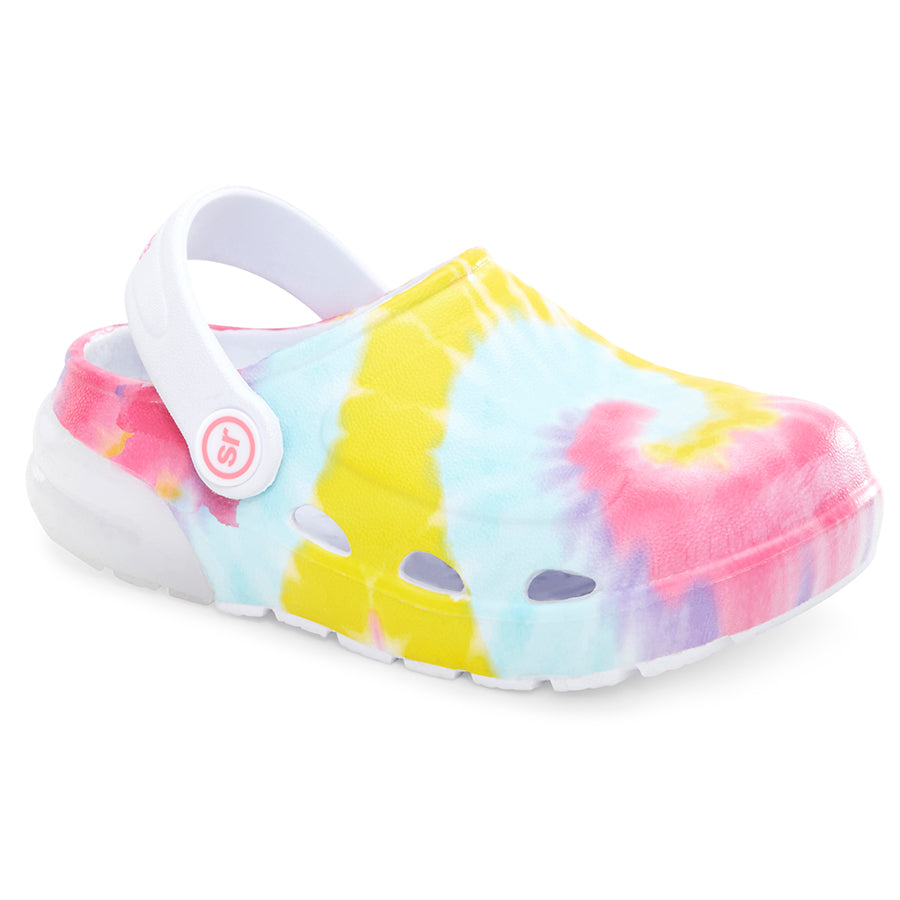 White With Blue And Yellow Multi Stride Rite Girl's Lighted Bray Rainbow EVA Clog Sizes 9 to 13