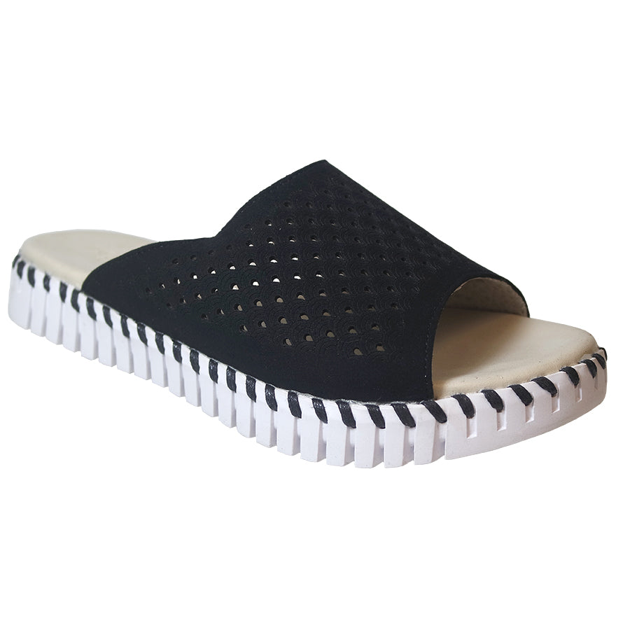 Black With White Sole Ilse Jacobsen Women's Tulip 1375 Perforated Microfiber Slide Sandal