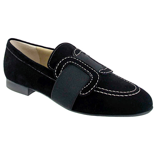 Onyx Black With White Detailing Ron White Women's Udella Weatherproof Cashmere Suede Dress Casual Loafer With Elastic Band Profile View