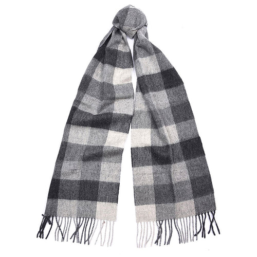 White With Light Grey And Dark Grey Checkered Pattern Barbour Large Tattersall Lambswool Scarf