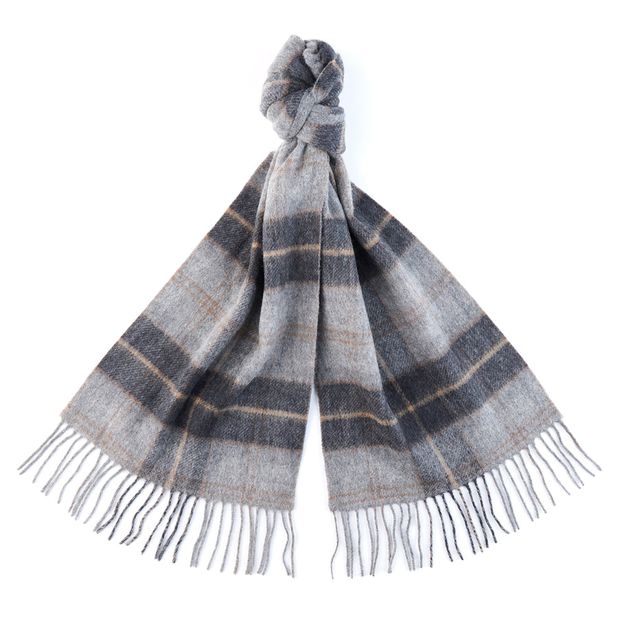 Light Grey With Dark Grey and Tan Patterned Barbour Galston Tartan Scarf Lambswool